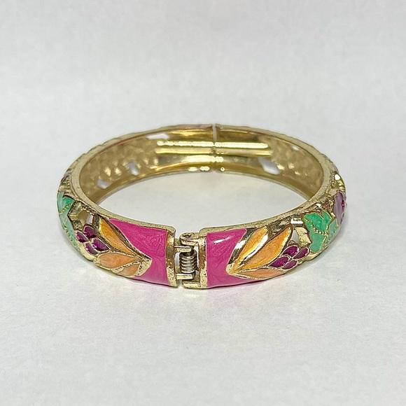 Jiu Long Xing Enamel Floral Emboss Spring Bangle Bracelet Pink Green Peach Gold - Picture 4 of 5